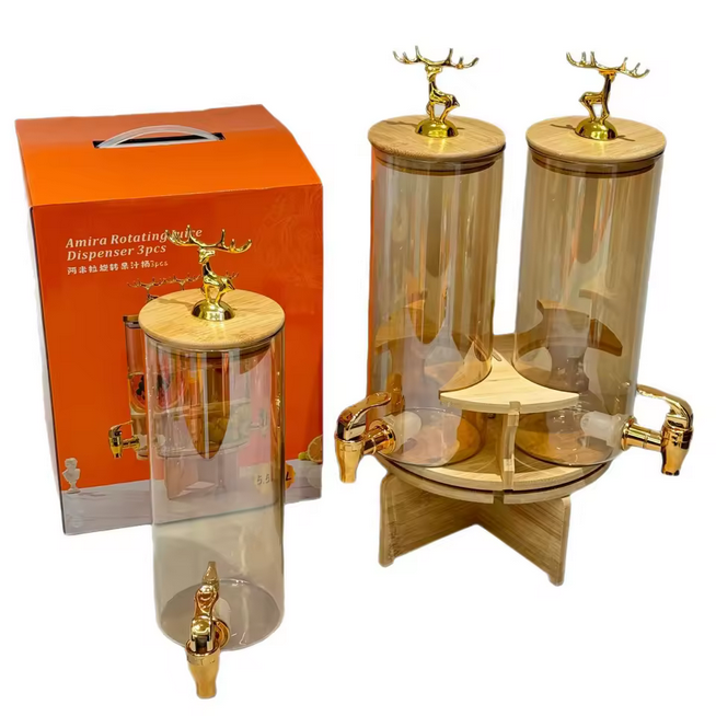 3pcs Distributeur de boissons en verre rotatif avec robinet Distributeur de boissons à jus transparent Pichet résistant à la chaleur et au froid