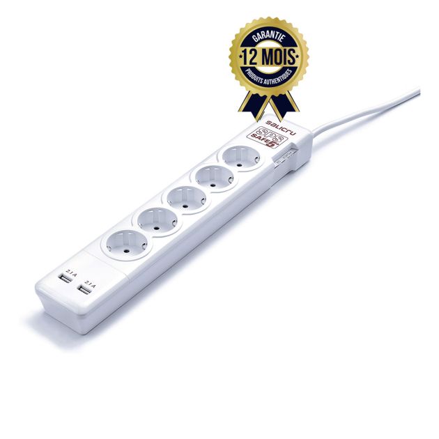Rallonge SPS Safe 5 - Saliru - Prise Parafoudre - 5 prise + 2 USB - 12 mois