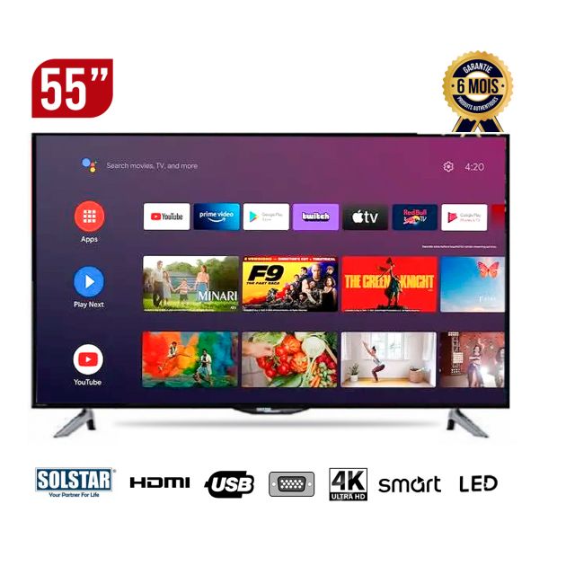 Smart-Téléviseur - Solstar -4K - 55 pouces- LED - 55HSU6200SS -UHD noir - 6 mois