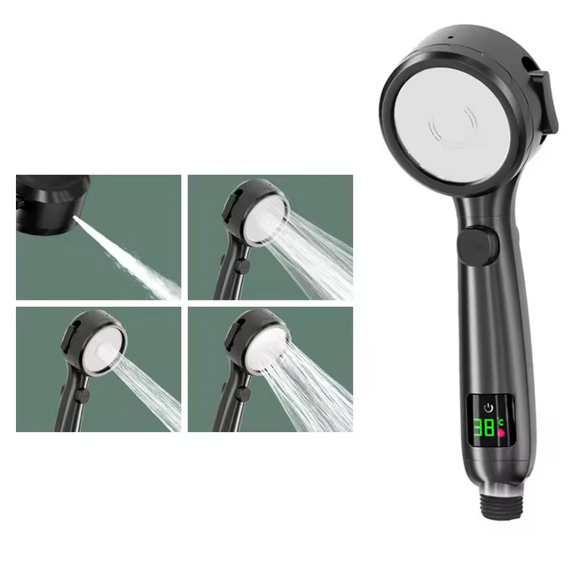 Pomme de douche LED à affichage numérique de la température 4 modes de pulvérisation Construction en plastique ABS Finition chromée Montage mural Économie d'eau