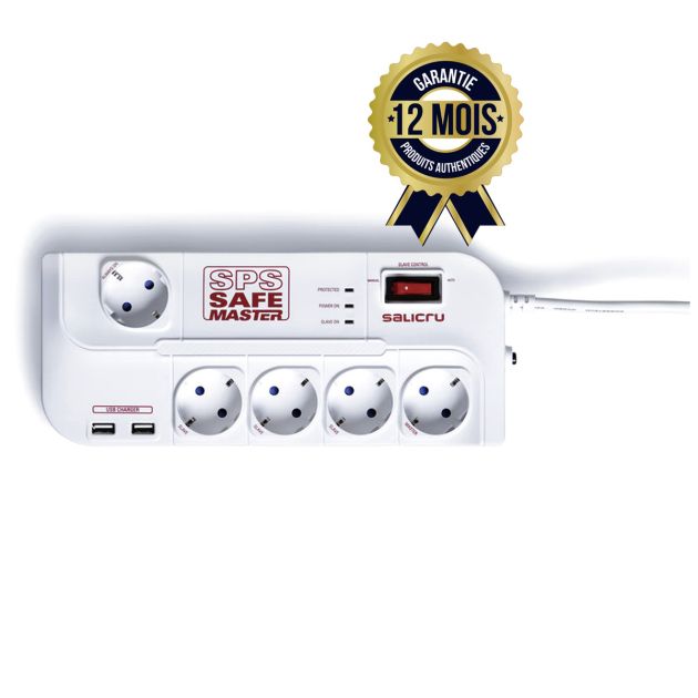 Rallonge SPS Safe Master - Salicru - Prise Parafoudre - 5 Prise + 2 USB - Protection surtension - 12 mois de garantie