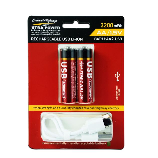 Batterie rechargeable USB avec cordon de chargement LI-ION Xtra Power BAT-LI-AA2USB 3200 mWh ALCALINE