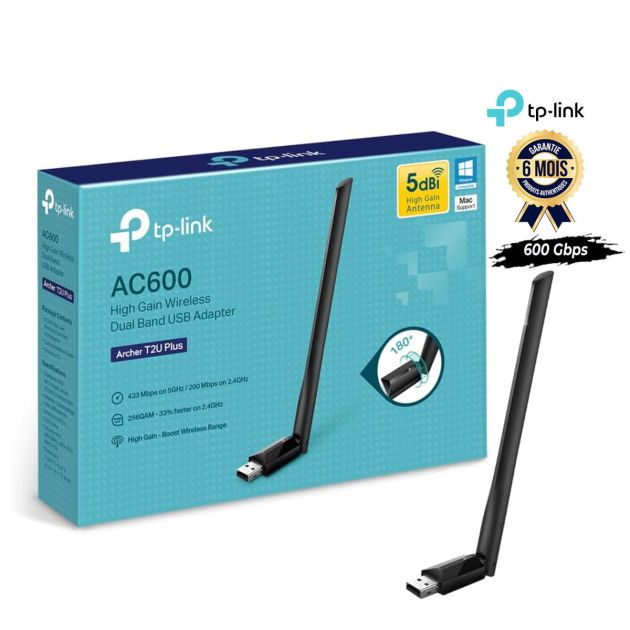 Adaptateur WiFi USB - Tplink Archer T2U Plus - Pour Ordinateur et PC - Débit 600 Mbps