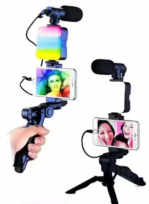 AY49 RGB Smartphone Vlogging Kit Trépied Support pour Téléphone Mini Microphone LED Remplissage Lumière Démarreur pour TikTok Live Stream YouTube Video