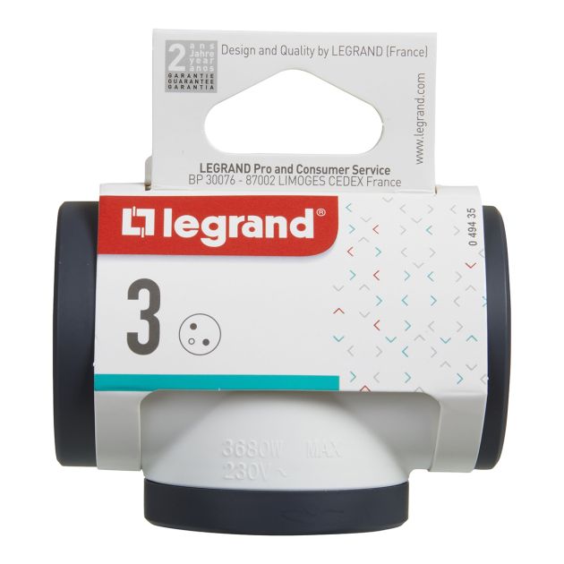 Fiche triplite avec 3 prises 2P+T latérales - 16A - 3680 W - Legrand 049435