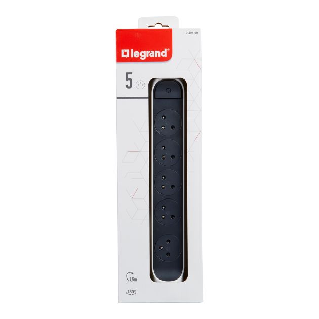 Rallonge Multiprise avec bloc rotatif de 5 prises 2P+T Surface - Legrand 049450 - Interrupteur et cordon longueur 1,5m