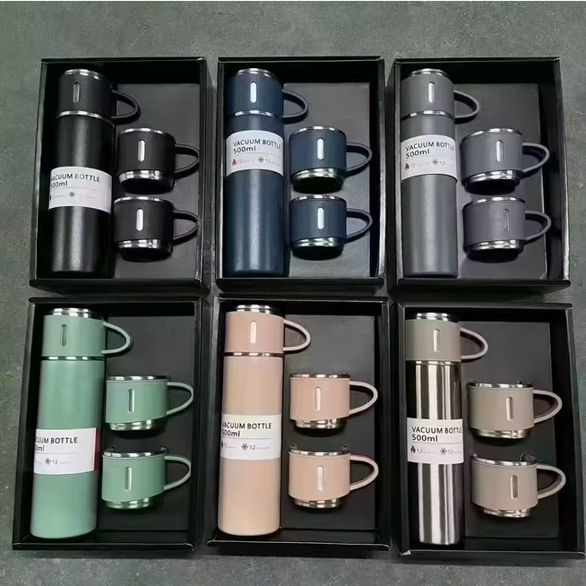 Tasse thermique sous vide à double paroi en acier inoxydable 500ml 304 coffret cadeau-bouteille d'eau portable avec 2 tasses supplémentaires pour le bureau