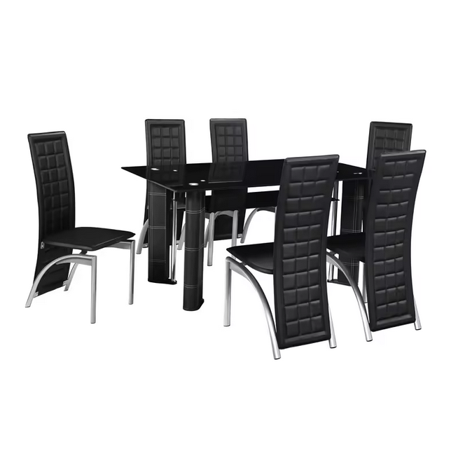 Ensemble de fauteuils modernes en verre trempé avec base en cuir, table à manger et dossier haut en cuir noir, mobilier de maison contemporain