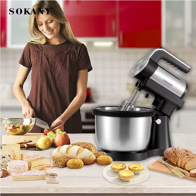 5 vitesses 1000W 4 litres Mélangeur sur socle Mélangeur électrique 2 en 1 Mélangeur à main avec bol mélangeur en acier inoxydable