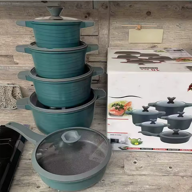 Ensemble de cuisine de haute qualité  10 pieces poêle à frire en aluminium granit casserole antiadhésive batterie de cuisine avec couvercle en verre de silicone