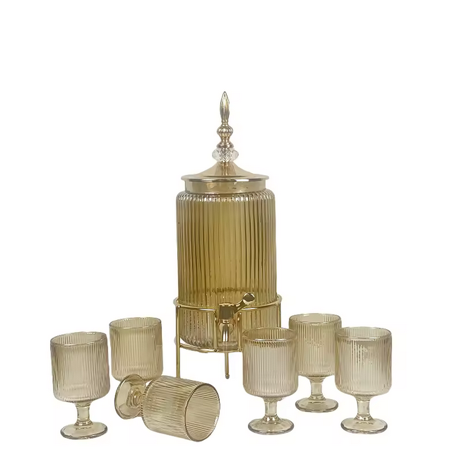 Luxe élégant grand pot de stockage distributeur de boissons robinet d'eau en verre à rayures verticales Base en métal pour fête servant des aliments boisson