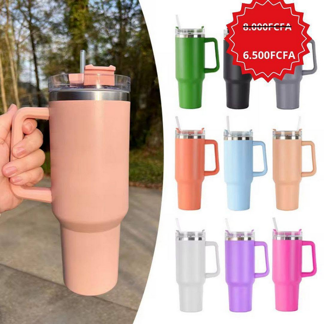 Gobelet thermique en acier inoxydable de 40oz avec poignée et pailles Tasse à café chaude Tasse à vide isolée Portable pour le camping
