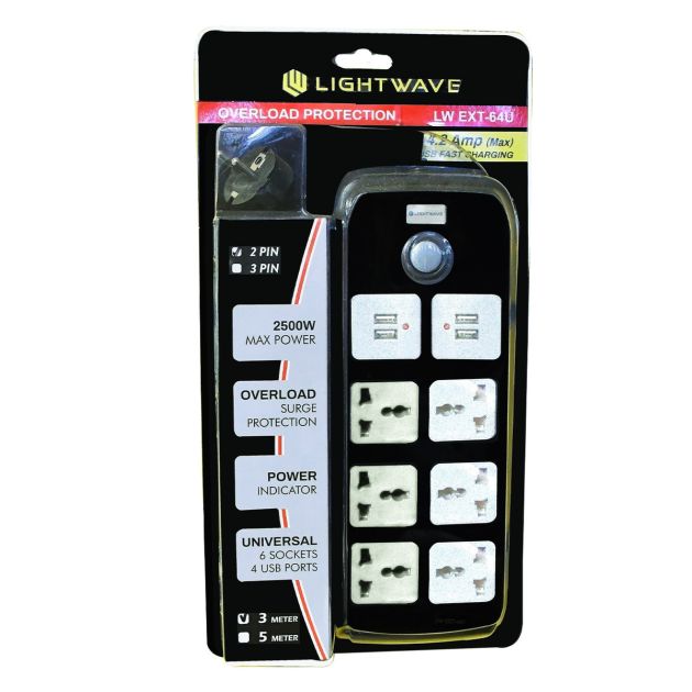Prise d'Extension - LIGHT WAVES - LW EXT-64U - 4 Ports USB - 6 Ports Prise - 2P - 5 Mètres - 5 Voies