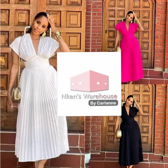 Nouvelles robes longues de couleur unie plissées à col en V pour femmes Sehe Fashion