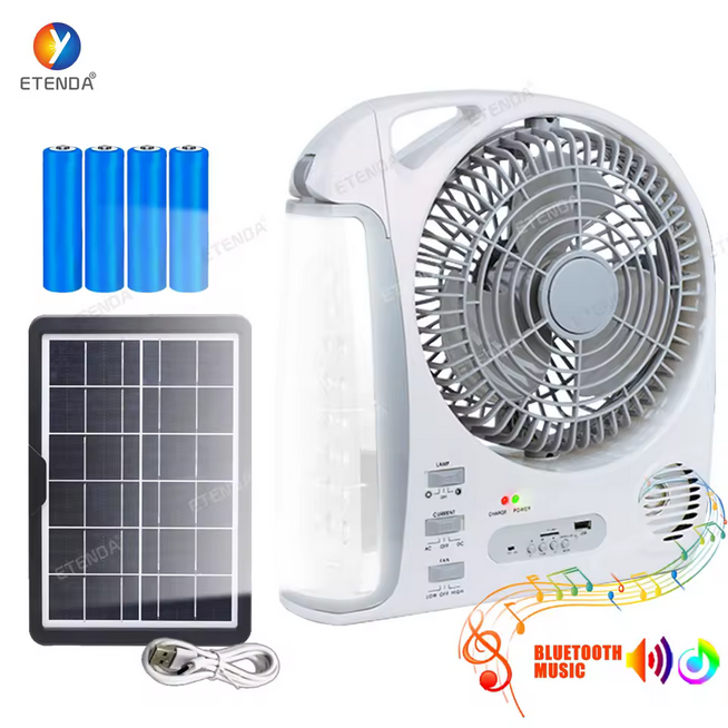 Ventilateur solaire de 8 pouces avec panneau solaire Ventilateur électrique rechargeable avec batterie au lithium et lumière LED Bluetooth