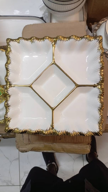 Assiette de fruits en céramique à cinq grilles avec bord doré bol à collation créatif pour table basse de fête d'hôtel usage domestique pour les noix et les fruits