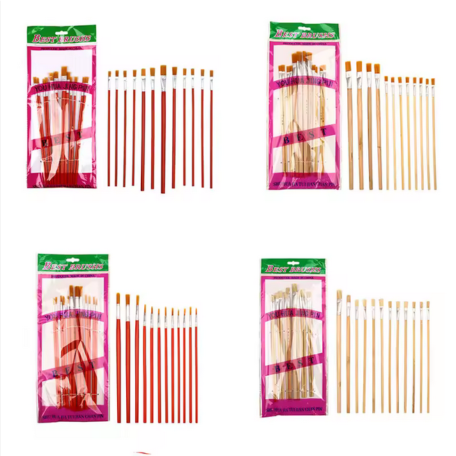 Lot de 12 pinceaux en nylon avec long manche en bois rouge Solution économique pour peinture acrylique et dessin d'art