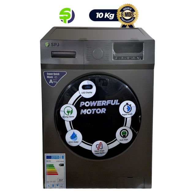 Machine à laver automatique 10kg - SPJ - FLFAMX-10KGR - 1950W - Front Load - Super-Économe en Énergie (A+++) - Argent