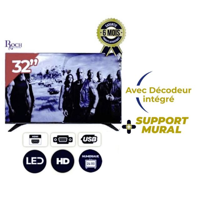 TV Roch 32'' Led - Numerique - RH-LE32DS-B - HD + Support Mural et décodeur intégré - Noir - 6 mois de garantie